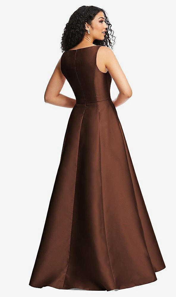 Back View - Cognac Boned Corset Closed-Back Satin Gown with Full Skirt and Pockets