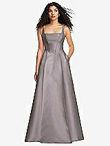 Front View Thumbnail - Cashmere Gray Boned Corset Closed-Back Satin Gown with Full Skirt and Pockets