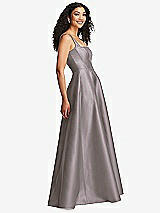 Side View Thumbnail - Cashmere Gray Boned Corset Closed-Back Satin Gown with Full Skirt and Pockets