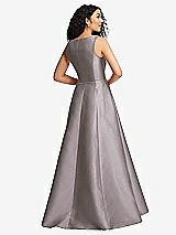 Rear View Thumbnail - Cashmere Gray Boned Corset Closed-Back Satin Gown with Full Skirt and Pockets
