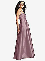 Side View Thumbnail - Dusty Rose Boned Corset Closed-Back Satin Gown with Full Skirt and Pockets