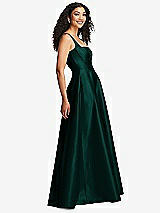 Side View Thumbnail - Evergreen Boned Corset Closed-Back Satin Gown with Full Skirt and Pockets