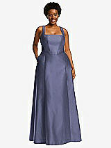Alt View 1 Thumbnail - French Blue Boned Corset Closed-Back Satin Gown with Full Skirt and Pockets