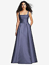 Front View Thumbnail - French Blue Boned Corset Closed-Back Satin Gown with Full Skirt and Pockets