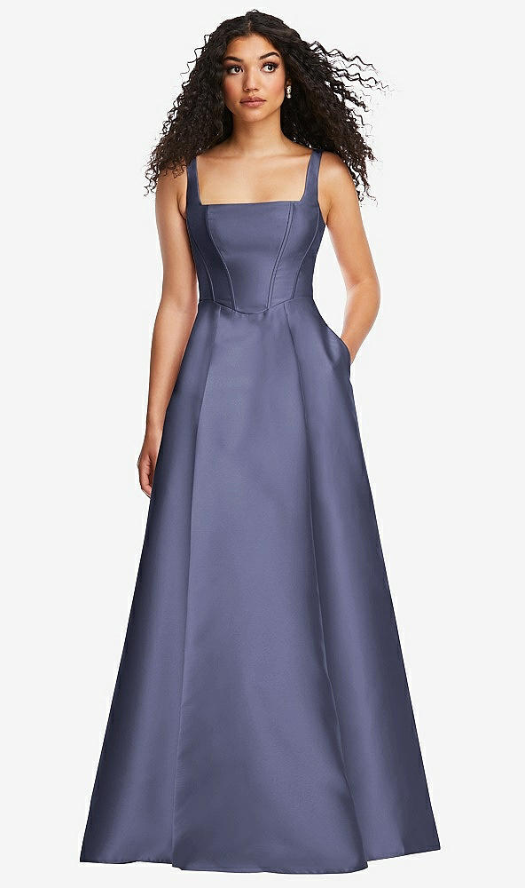 Front View - French Blue Boned Corset Closed-Back Satin Gown with Full Skirt and Pockets