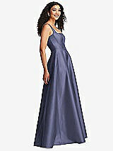 Side View Thumbnail - French Blue Boned Corset Closed-Back Satin Gown with Full Skirt and Pockets