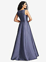 Rear View Thumbnail - French Blue Boned Corset Closed-Back Satin Gown with Full Skirt and Pockets