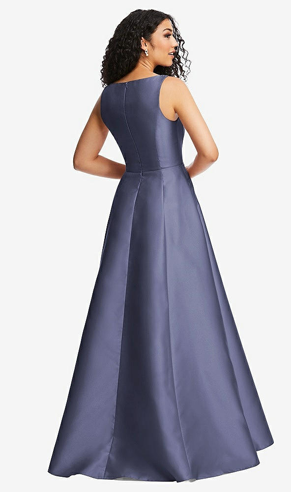 Back View - French Blue Boned Corset Closed-Back Satin Gown with Full Skirt and Pockets