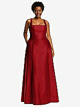 Alt View 1 Thumbnail - Garnet Boned Corset Closed-Back Satin Gown with Full Skirt and Pockets