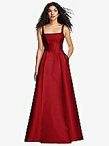 Front View Thumbnail - Garnet Boned Corset Closed-Back Satin Gown with Full Skirt and Pockets