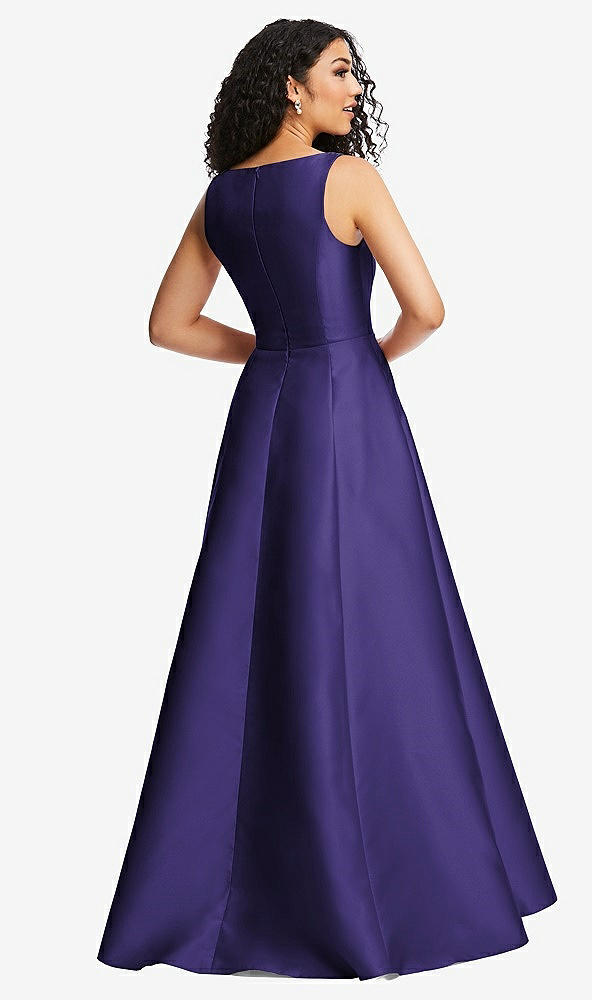 Back View - Grape Boned Corset Closed-Back Satin Gown with Full Skirt and Pockets
