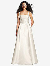 Front View Thumbnail - Ivory Boned Corset Closed-Back Satin Gown with Full Skirt and Pockets