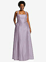 Alt View 1 Thumbnail - Lilac Haze Boned Corset Closed-Back Satin Gown with Full Skirt and Pockets
