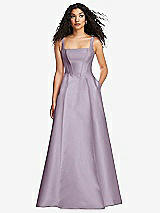 Front View Thumbnail - Lilac Haze Boned Corset Closed-Back Satin Gown with Full Skirt and Pockets