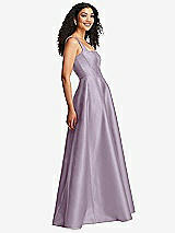 Side View Thumbnail - Lilac Haze Boned Corset Closed-Back Satin Gown with Full Skirt and Pockets