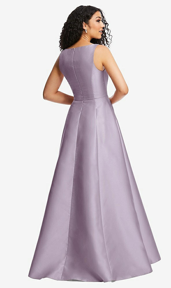 Back View - Lilac Haze Boned Corset Closed-Back Satin Gown with Full Skirt and Pockets