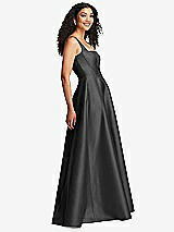 Side View Thumbnail - Pewter Boned Corset Closed-Back Satin Gown with Full Skirt and Pockets