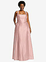 Alt View 1 Thumbnail - Rose - PANTONE Rose Quartz Boned Corset Closed-Back Satin Gown with Full Skirt and Pockets