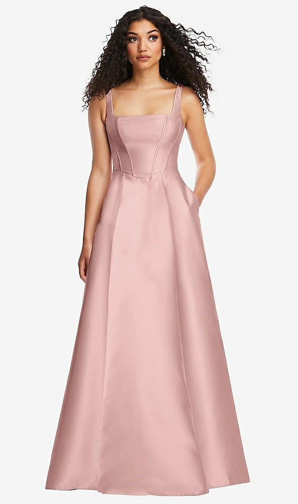 Front View - Rose - PANTONE Rose Quartz Boned Corset Closed-Back Satin Gown with Full Skirt and Pockets