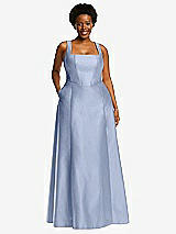 Alt View 1 Thumbnail - Sky Blue Boned Corset Closed-Back Satin Gown with Full Skirt and Pockets