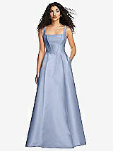 Front View Thumbnail - Sky Blue Boned Corset Closed-Back Satin Gown with Full Skirt and Pockets