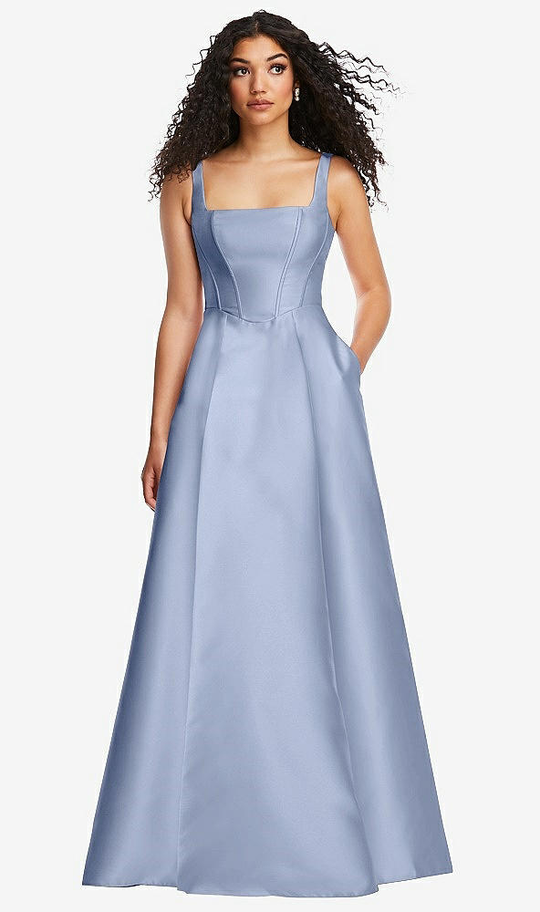 Front View - Sky Blue Boned Corset Closed-Back Satin Gown with Full Skirt and Pockets