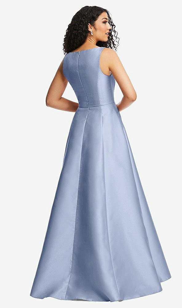 Back View - Sky Blue Boned Corset Closed-Back Satin Gown with Full Skirt and Pockets