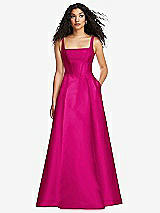 Front View Thumbnail - Think Pink Boned Corset Closed-Back Satin Gown with Full Skirt and Pockets