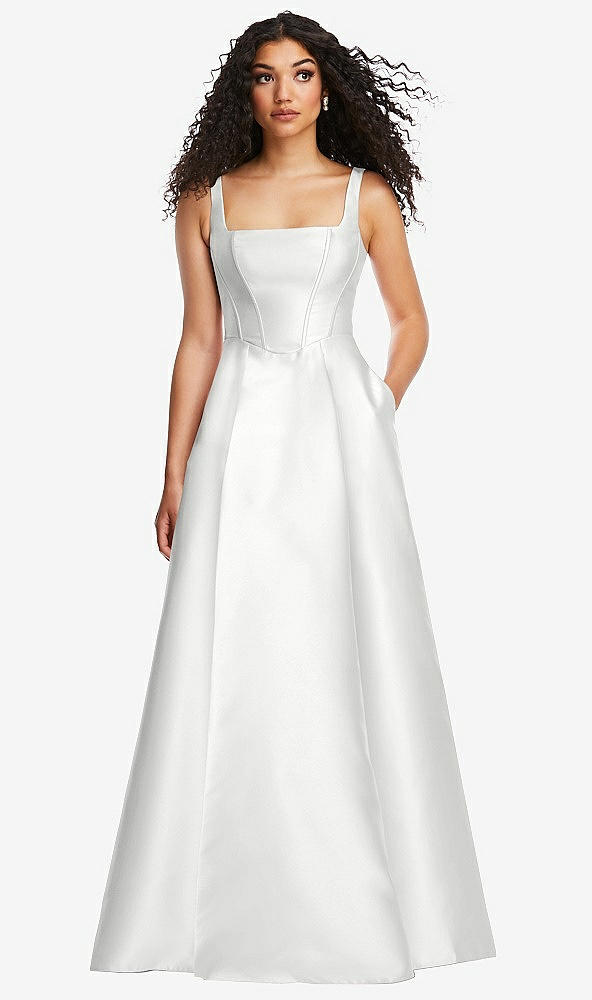 Front View - White Boned Corset Closed-Back Satin Gown with Full Skirt and Pockets