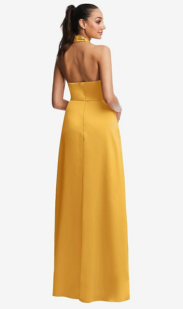 Back View - NYC Yellow Shawl Collar Open-Back Halter Maxi Dress with Pockets