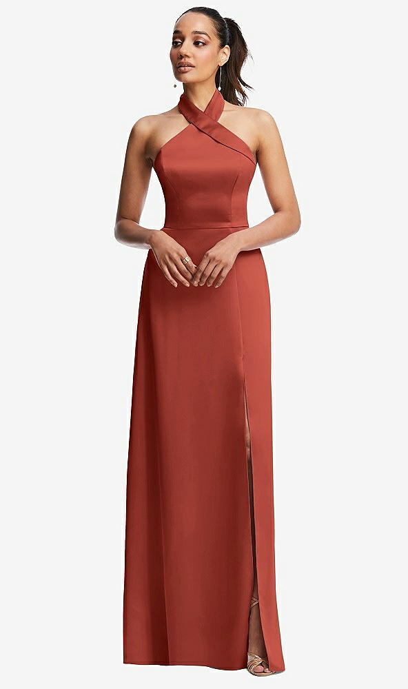 Front View - Amber Sunset Shawl Collar Open-Back Halter Maxi Dress with Pockets