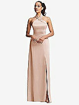 Front View Thumbnail - Cameo Shawl Collar Open-Back Halter Maxi Dress with Pockets