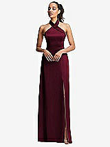 Front View Thumbnail - Cabernet Shawl Collar Open-Back Halter Maxi Dress with Pockets