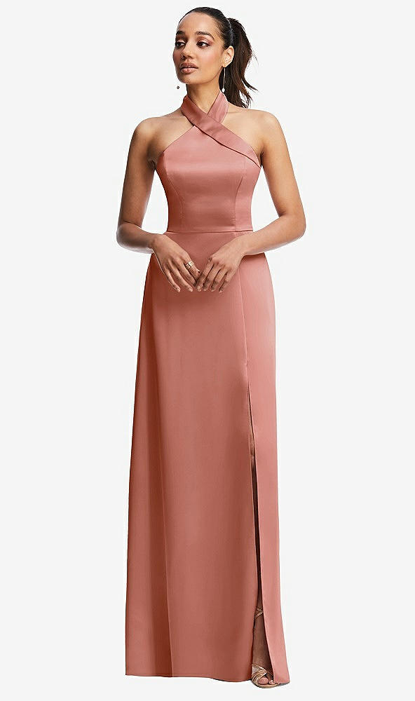 Front View - Desert Rose Shawl Collar Open-Back Halter Maxi Dress with Pockets