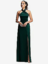 Front View Thumbnail - Evergreen Shawl Collar Open-Back Halter Maxi Dress with Pockets