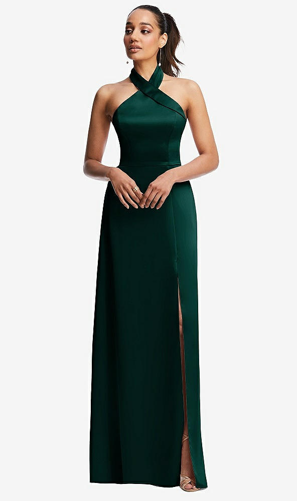 Front View - Evergreen Shawl Collar Open-Back Halter Maxi Dress with Pockets