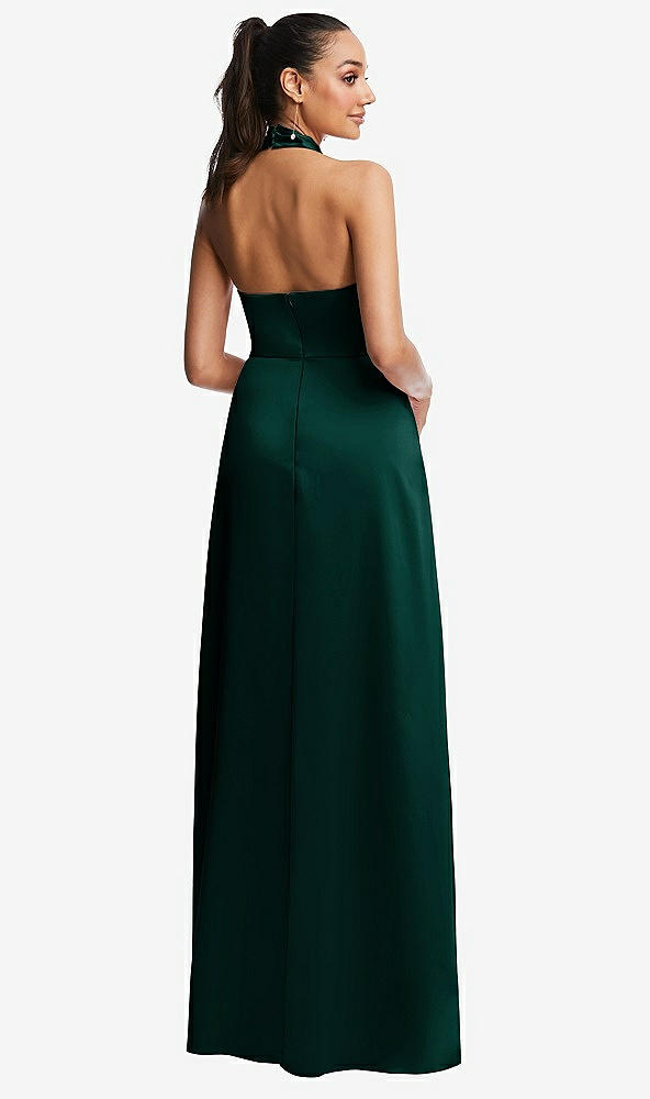 Back View - Evergreen Shawl Collar Open-Back Halter Maxi Dress with Pockets