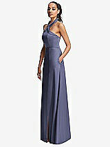 Side View Thumbnail - French Blue Shawl Collar Open-Back Halter Maxi Dress with Pockets