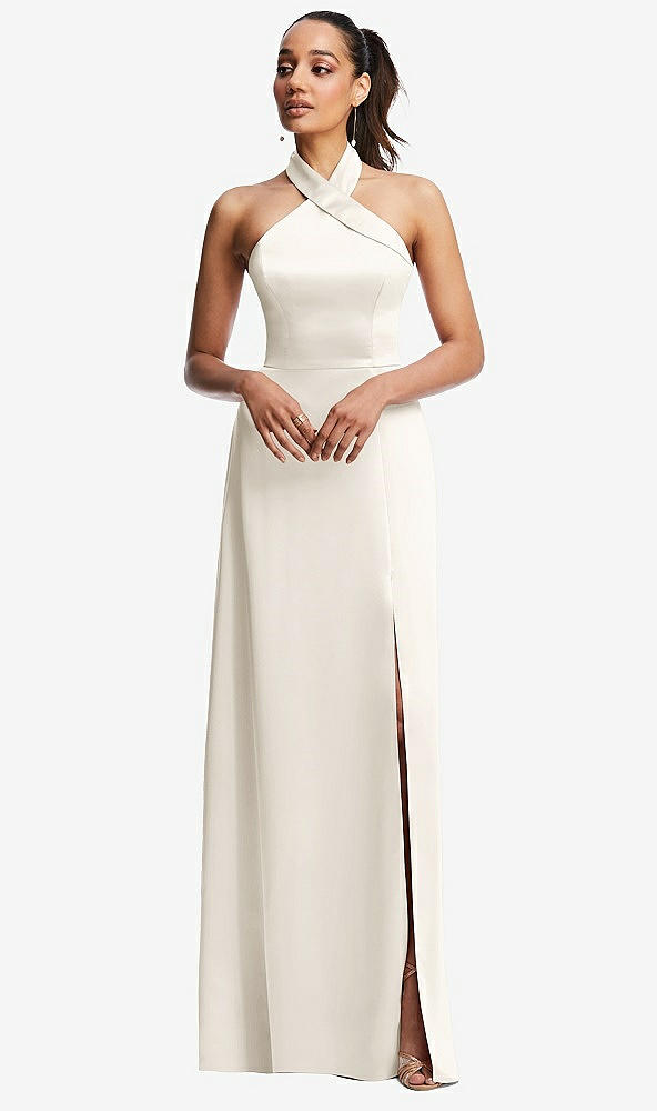 Front View - Ivory Shawl Collar Open-Back Halter Maxi Dress with Pockets