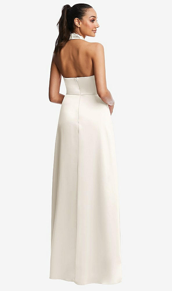 Back View - Ivory Shawl Collar Open-Back Halter Maxi Dress with Pockets