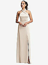 Front View Thumbnail - Oat Shawl Collar Open-Back Halter Maxi Dress with Pockets