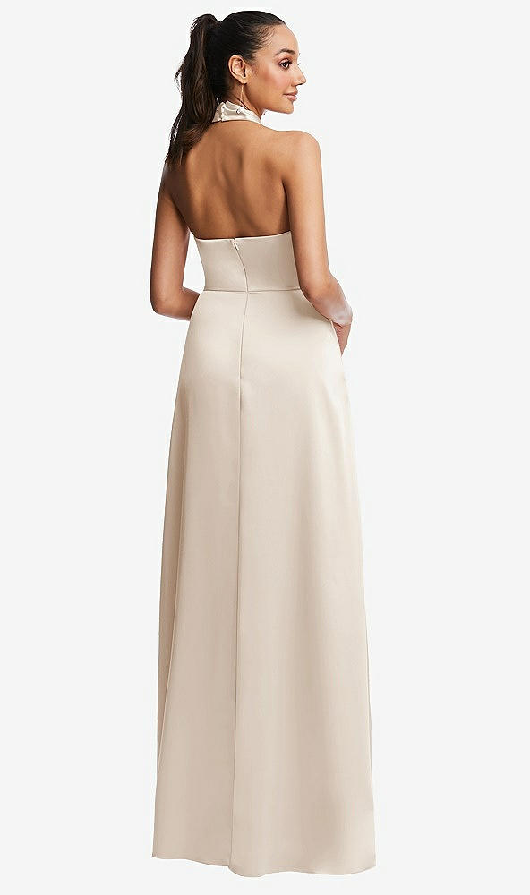 Back View - Oat Shawl Collar Open-Back Halter Maxi Dress with Pockets