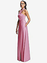 Side View Thumbnail - Powder Pink Shawl Collar Open-Back Halter Maxi Dress with Pockets