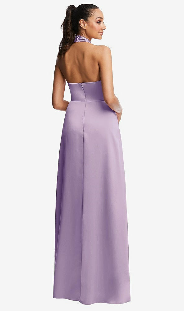 Back View - Pale Purple Shawl Collar Open-Back Halter Maxi Dress with Pockets