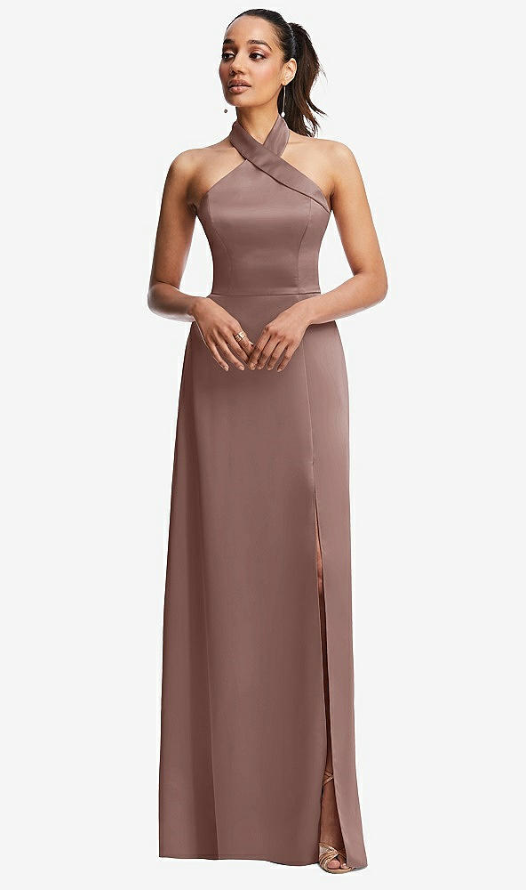 Front View - Sienna Shawl Collar Open-Back Halter Maxi Dress with Pockets