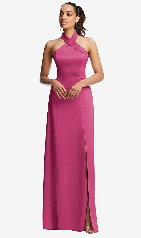 Front View - Tea Rose Shawl Collar Open-Back Halter Maxi Dress with Pockets