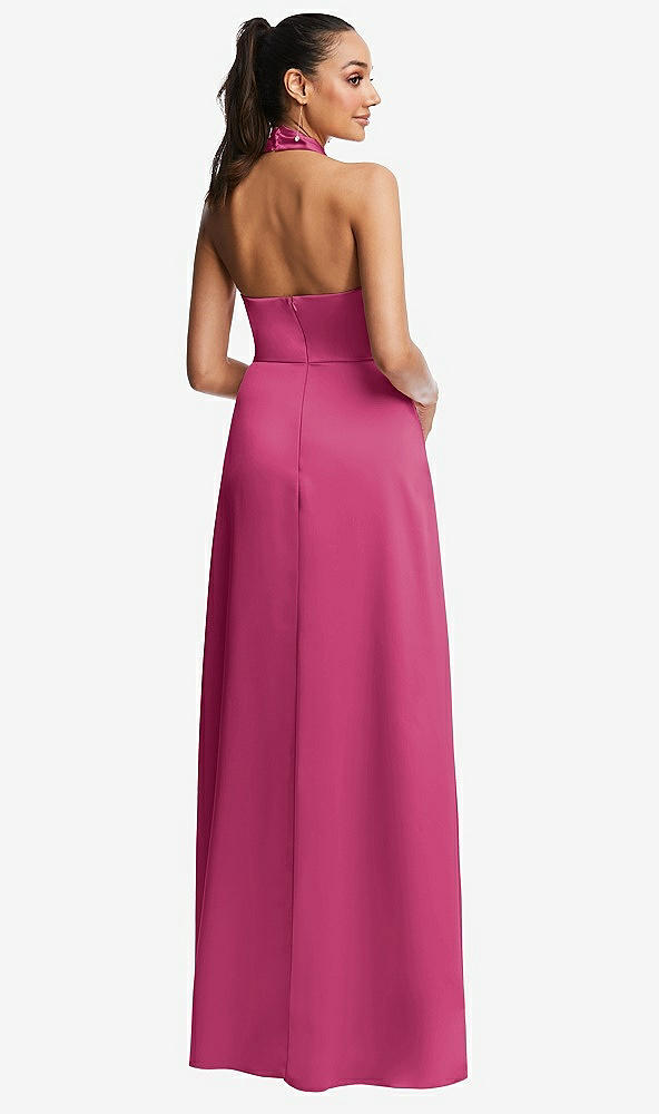 Back View - Tea Rose Shawl Collar Open-Back Halter Maxi Dress with Pockets