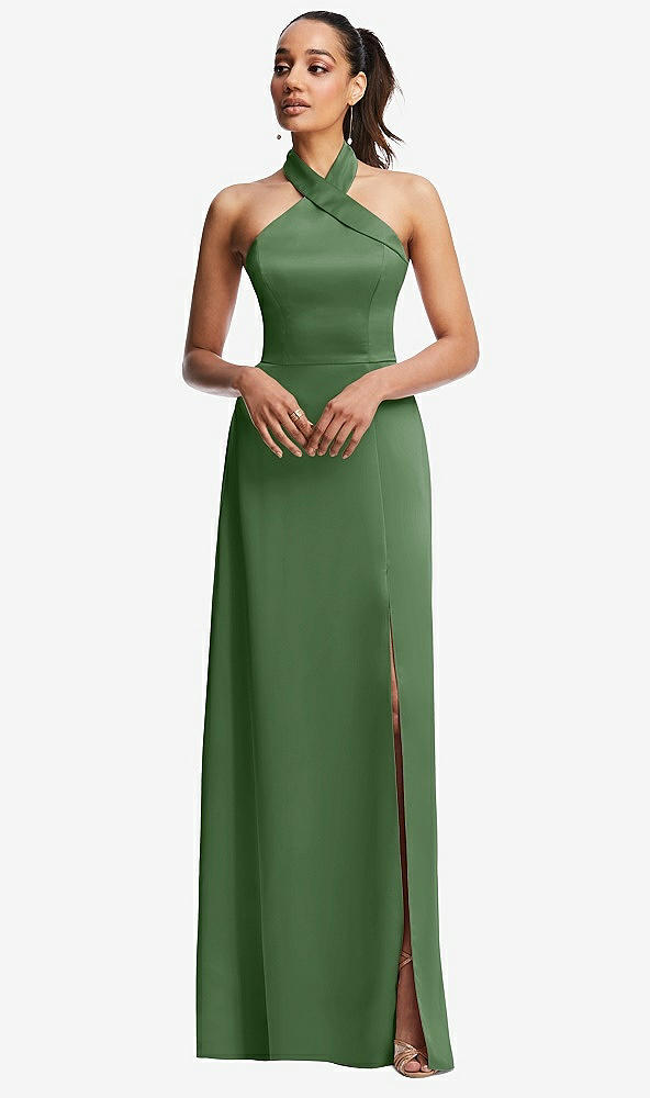 Front View - Vineyard Green Shawl Collar Open-Back Halter Maxi Dress with Pockets