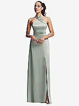 Front View Thumbnail - Willow Green Shawl Collar Open-Back Halter Maxi Dress with Pockets