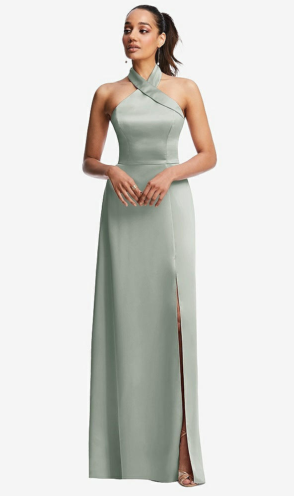 Front View - Willow Green Shawl Collar Open-Back Halter Maxi Dress with Pockets